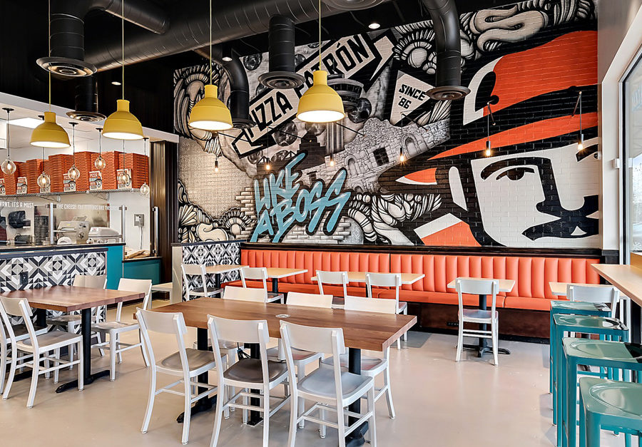 Interior of new Pizza Patron showcasing colorful mural
