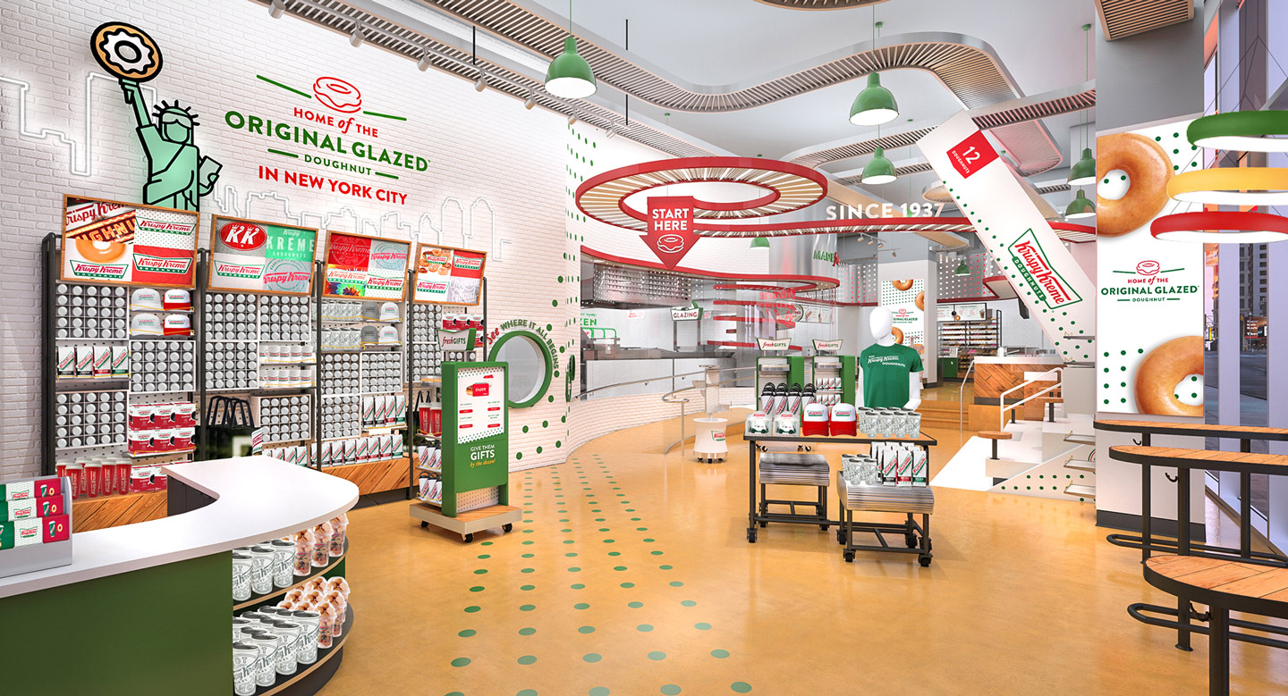 Rendering of the interior store design of the new Krispy Kreme Time Square Flagship in NYC designed by Chute Gerdeman